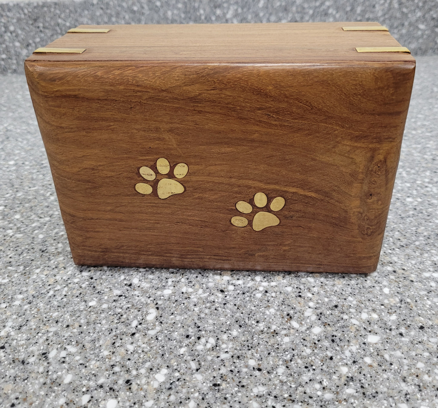 Rosewood Pet Urn with Brass Paws and Corners